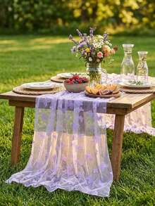 1pc Purple Butterfly Print Semi-Sheer Chiffon Table Runner, Elegant Dreamy Tabletop Decor, Suitable For Wedding Reception, Bridal Shower, Baby Shower, Birthday Party, Garden Tea Party, Holiday Celebration, Restaurant Home Decor, Photo Backdrop - Multicolor - View 6