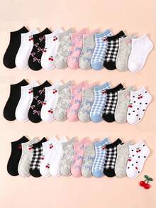 12/24 Pairs Random Style Ankle Socks For Baby, Cute Cherry Bow Pattern, Plaid Polka Dot Pattern, Baby Stuff, Baby Girl Essential, Girls Socks, Newborn - Multicolor - View 4