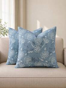 Floral Pillowcase, Linen Texture Decorative Pillowcase With White Line Floral Pattern, Perfect Decorative Pillow For Sofa, Bed, Home And Outdoor Use - Blue - View 1
