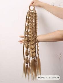 24 Inch Long Brown Mixed-Color Synthetic Curly Braided Ponytail Wig For Women, Including Flipped Braids, Plaits, Fishtail Braids, And Elastic Hair Ties. Suitable For Everyday Wear, Braided Extensions, And Voluminous Hairstyle Accessories., Halloween - Multicolor - View 4