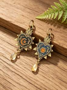 1 Pair Vintage Gothic Style Enamel Sun Moon Heart Teardrop Pendant Earrings, Women's Versatile Daily Casual Date Party Jewelry - Earrings - View 3