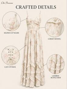Ivory White Floral Chiffon V-Neck Open Back Tiered A-Line Maxi Dress - 米白 - 查看 10