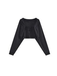 Sweet Cool Style Design Knitted Short Cover Up With Tie Waist, Long Sleeve Layering Top For Women, Autumn/Winter Outerwear (Inner Layer Not Included) - Black - View 5