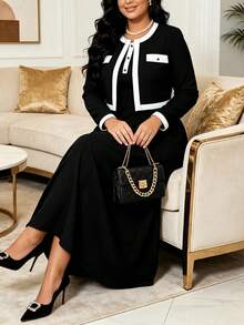 Plus Size Women's Elegant Spring To Summer 2-Piece Set, Contrast Trim Button Cardigan With Solid Color Long Dress - Black - View 1