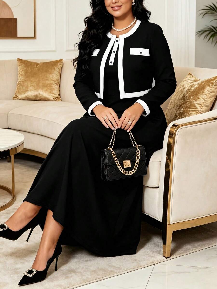 Plus Size Women's Elegant Spring To Summer 2-Piece Set, Contrast Trim Button Cardigan With Solid Color Long Dress - Black - View 1