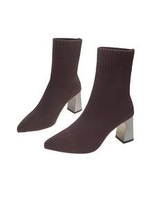 Modische Retro-Sockenstiefel mit spitzer Zehenpartie und elastischem Schaft für Damen, Stiefel mit Blockabsatz und engem Sitz bis zur Mitte der Wade, elegante, lässige und vielseitige Stiefeletten für den Alltag im Herbst/Winter, braune Stiefel, schwarze Stiefel, rote Stiefel, kaffeefarbene Stiefel - Kaffeebraun - Übersicht 6