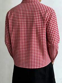 WAIT HIM Men's Casual Boxy Cropped Plaid Long Sleeve Shirt, Summer - Red - View 3