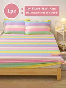 1pc Rainbow Striped Japanese Style Fitted Sheet, 30cm Deep Pocket, All Season Mattress Cover, Twin Full Queen King - Multicolor - View 2