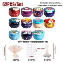 62 Peças/Conjunto Kit Portátil para Fazer Velas, Incluindo 12 Potes de Vela Vazios em Cores Variadas, 10 Suportes de Pavio, 20 Pavios e 20 Adesivos. Os Potes Vazios Vêm com Tampas e Apresentam Designs de Natal, Tornando-os Perfeitos para Presentes e Decorações de Natal. - C2-62PCS/Conjunto - Visão 9