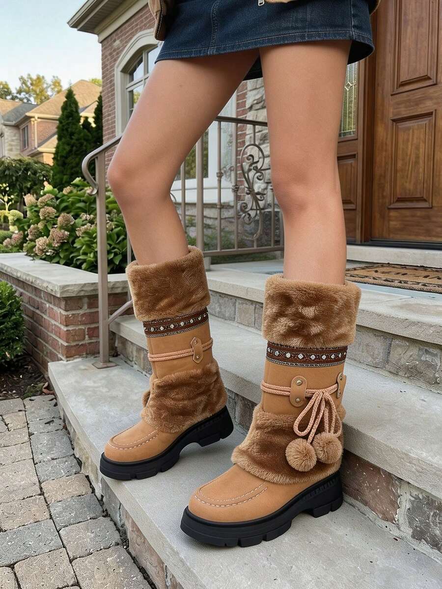 Women's Winter Furry Knee High Snow Boots Fashion Platform Chunky Heels Warm Faux Fur Lining Pull On Casual Comfy Boots Woman - 棕色 - 查看 1