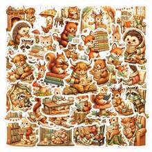 50PCS Cozy Autumn Woodland Animals Reading Stickers For Water Bottles Phone Case Laptops Gifts Stickers - Burnt Orange - View 1
