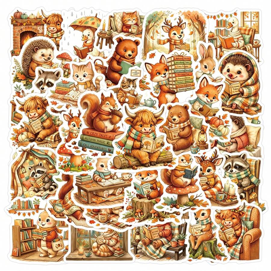 50PCS Cozy Autumn Woodland Animals Reading Stickers For Water Bottles Phone Case Laptops Gifts Stickers - Burnt Orange - View 1