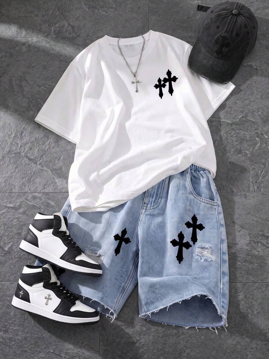 2pcs/Set Boys' Casual Vintage Street Style Versatile Cross Pattern Contrast Color Print Soft Round Neck Short Sleeve T-Shirt Paired With Loose Distressed Denim Shorts Set, Spring/Summer - Light Wash - View 1