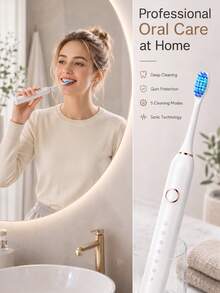 電動牙刷套組 IPX7 防水充電式牙刷，附 4 個刷頭，5 種清潔模式，美白與深層清潔，適合成人，黑色/白色/粉色 - 彩色 - 查看 6