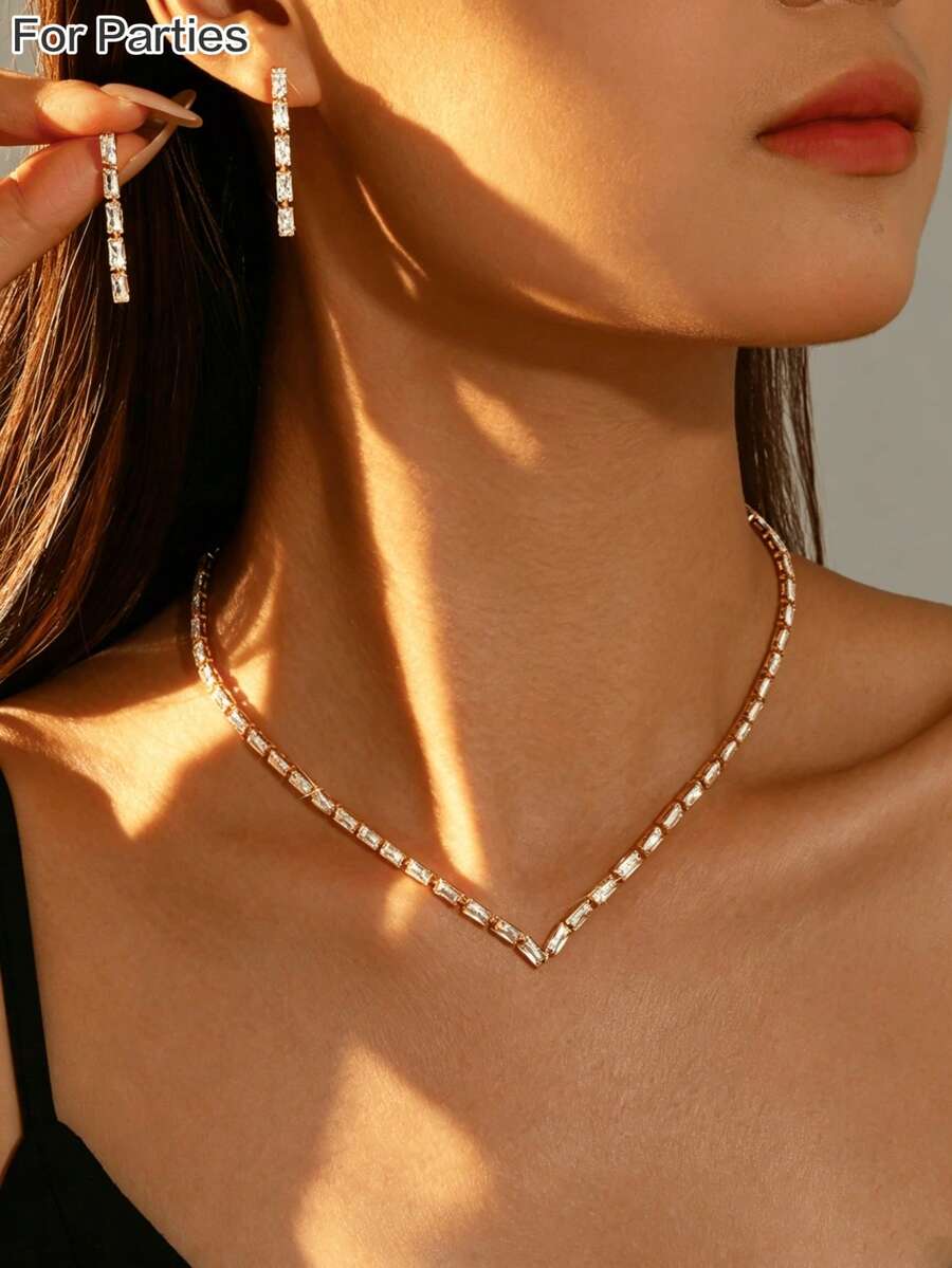 Minimalist Women's Trapezoid V-Neck Necklace & Stud Earrings Set, Suitable For Banquet, Wedding, Vacation, Holiday, Party - Gold - View 1