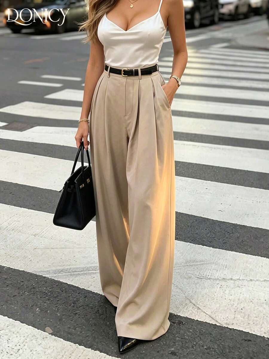 DONICY Women's Beige High-Waisted Pleated Wide-Leg Pants, Suitable For Office And Casual Wear - Khaki - View 1