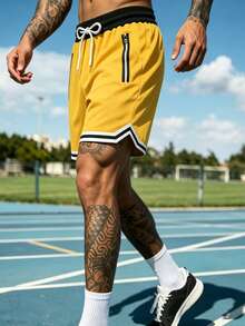 Men's Loose Fit Basketball Shorts, Elastic Drawstring Waist, Zipper Pockets, Striped Hem, Breathable Fitness Training Casual Sports Knee Length Shorts - Yellow - View 7