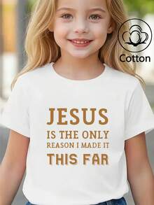 Girls' Inspirational Faith T-Shirt Featuring Gold 'Jesus Is The Only Reason I Made It This Far' Scripture Text Print - White - View 4
