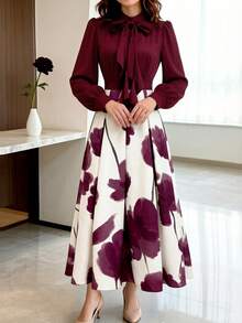Women's Elegant Floral Print Long Sleeve Casual Dress, Spring/Autumn Vacation Style - Burgundy - View 5