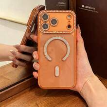 Gold-Plated Shiny Diamond Rhinestone Magnetic Wireless Charging Phone Case, Compatible With IPhone 17 Pro Max; Soft Shell, Compatible With 11-17 Series - Orange - View 7