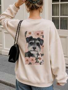 Sweatshirt Wanita Minimalis Terbaru Musim Dingin dengan Motif Anak Anjing, Kerah Bulat Kasual, Modis dan Serbaguna - Aprikot - View 4