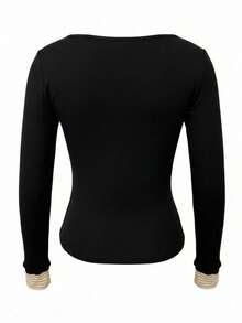 Patchwork Striped 2-In-1 Crew Neck Long Sleeve T-Shirt, Fitted Design Contrast Color Waist Women's Top, Spring/Summer Black - Black - View 10