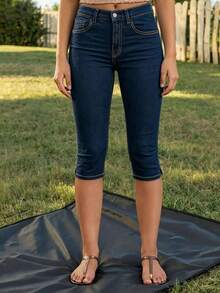 Women's Light Blue Summer Slim Fit Stretch Cropped Denim Jeans Casual - Dark Blue - View 4