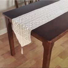1PCPolyester, Hand Crocheted Look, Geometric Small Diamond Pattern, Delicate Openwork, Bohemian Style Tablecloth, Table Runner, Placemat, Table Cover, Fireplace Throw Perfect For Home Decor, Family Gatherings, Holiday Decorations, And Outdoor Picnics - Khaki - View 4