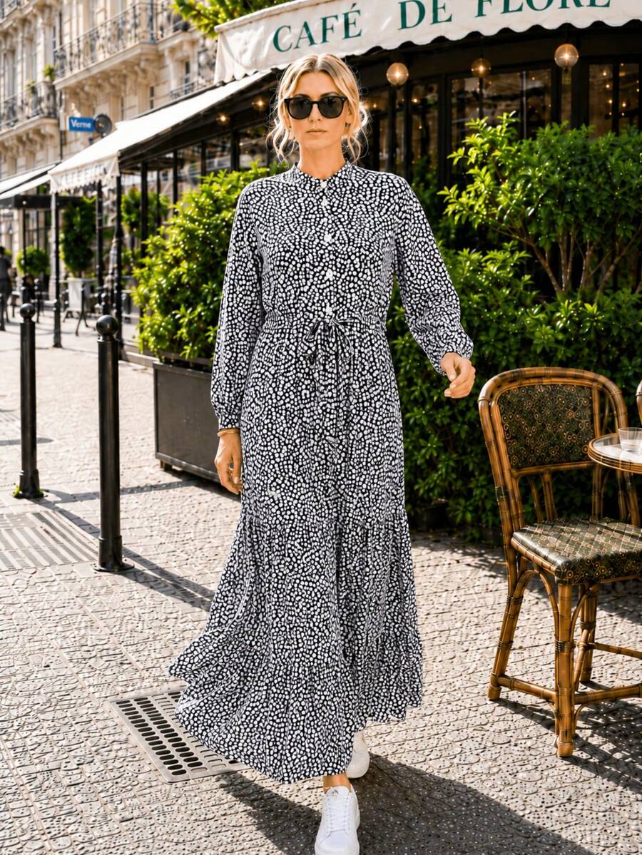 Women's A-Line Floral Maxi Dress with Long Sleeves - 藏蓝色 - 查看 1
