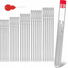 40 Agujas de coser de ojo grande, 7 tamaños de agujas de coser afiladas, adecuadas para costura a mano, hilo de bordado de cuero, agujas de tejer de acero inoxidable (con enhebrador), dedal (para manualidades, remiendo, acolchado), con una herramienta de enhebrado y un portaguja. - Múltiples estilos - Ver 1