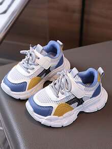 1 Pair Kids' Colorblock Mesh Chunky Sneakers, Spring/Autumn Hook And Loop Breathable Thick Sole Soft Bottom Casual Sports Sneakers For Boys And Girls - Blue - View 4