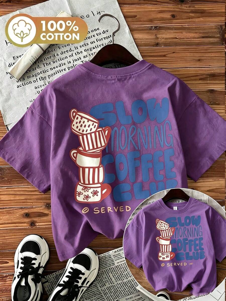 Women's Double-Sided Print Coffee Cup Tee, Hand-Painted Style "Slow Morning Coffee Club" Graphic, Round Neck Short Sleeve 100% Cotton Summer Top - 紫色 - 查看 1