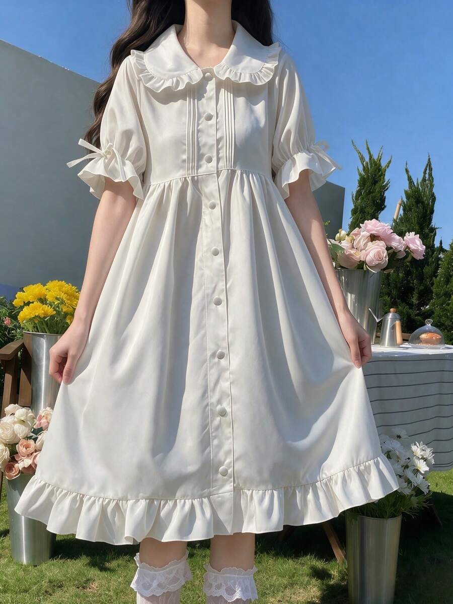1pc Lolita Soft Girl Ruffled Collar Fairy Dress, Suitable For Holiday Parties, Performances, Cosplay Costume, Includes Dress Only - White - View 1
