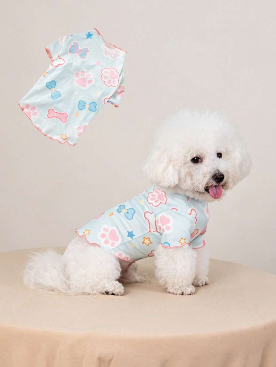 Camiseta para perro con estampado de pata y hueso, ribete de color contrastante, manga corta, ajustada y que cubre el vientre, ropa diaria para cachorro
