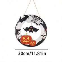 1pc Happy Halloween Wooden Door Hanging Decor, Spider Web Pumpkin Ghost Skull Wall Plaque, Front Porch Party Decoration - Multicolor - View 4