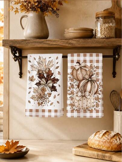 MEMNUN 2 Pcs Autumn Brown Checkerboard Bow Maple Leaf Pumpkin Print Kitchen Towels Dish Cloths, Ultra-Fine Microfiber Polyester Material, Pumpkin Checkerboard Minimalist Harvest Decor Hand Towels Thanksgiving Home Decor, Kitchen Decor, Fall Decor, Suitable For Restaurant Kitchen, Home Decoration And Gift Giving, 40*60cm/45*70cm