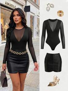Stylish Women's Long Sleeve Mesh And Fabric Bodysuit With Round Neck, Semi-Sheer Design And Medium Stretch Comfort - Black - View 1