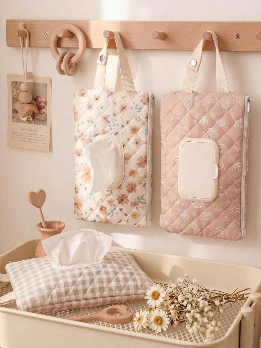 1pc Mom Baby Stroller Wet Wipes Storage Bag, Hanging Floral Organizer For Diapers, Tissues And Baby Essentials
