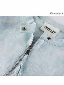 New Textured Stand Collar Zip-Up Jacket, College Style, Casual Elegant, Suitable For Spring And Autumn, Daily Wear And Vacation - Blue - View 2