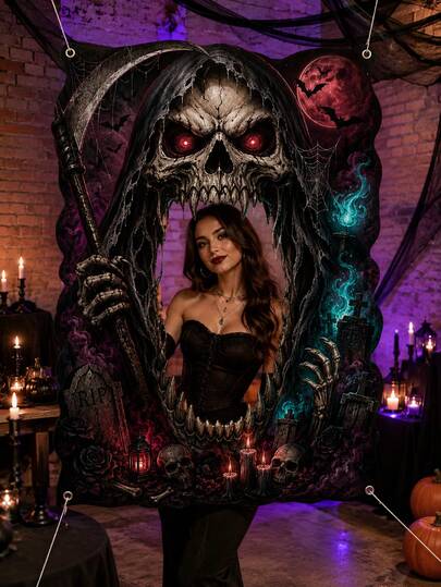 1pc Grim Reaper Skull Halloween Photo Booth Backdrop, Gothic Polyester Hollow-Out Irregular Shaped Scythe Moon Bat Tombstone Flame Printed Background Banner With Grommets For Party, Porch, Haunted House, Cosplay, Photo Prop And Indoor Outdoor Decor