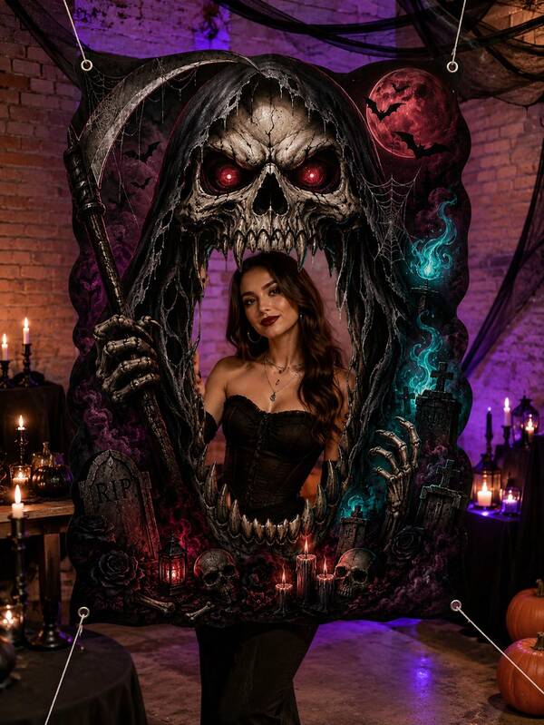 1pc Grim Reaper Skull Halloween Photo Booth Backdrop, Gothic Polyester Hollow-Out Irregular Shaped Scythe Moon Bat Tombstone Flame Printed Background Banner With Grommets For Party, Porch, Haunted House, Cosplay, Photo Prop And Indoor Outdoor Decor