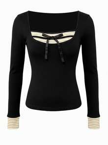 Patchwork Striped 2-In-1 Crew Neck Long Sleeve T-Shirt, Fitted Design Contrast Color Waist Women's Top, Spring/Summer Black - Black - View 9