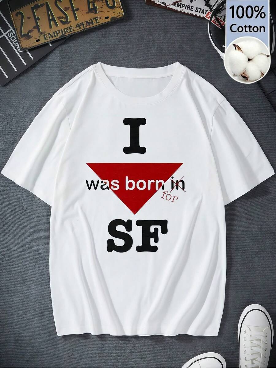 Women's Casual Short-Sleeve Black Cotton T-Shirt, Y2K Retro Style, "I Was Born For SF" Print With Red Triangle And Distressed Text, Perfect - 白色 - 查看 1