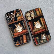 Vintage Bookcase Kitten Painted Phone Case For IPhone 17 16 15 14 Pro Max Plus 13 Mini 12 11 Pro Max XS X XR 16 Plus Back Cover - 黑色 SJM 5 - 查看 5