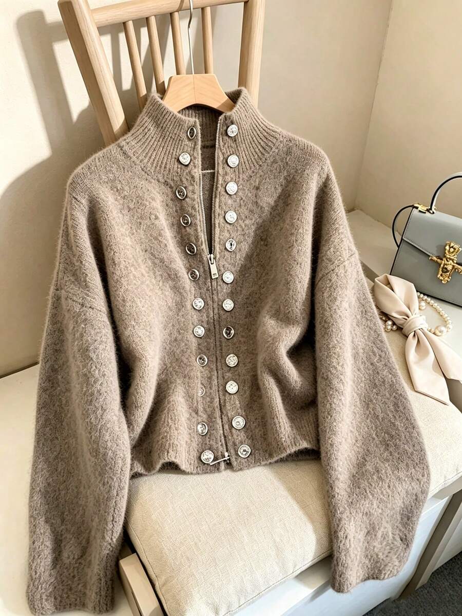 Women's Knitted Cardigan, Long Sleeve, Ribbed, Reversible Zipper, Faux Button Decor, Elegant Fashion Casual Jacket, Spring/Autumn Fall