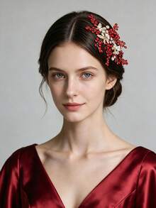 1pc Vintage Gold Branch Rhinestone Pearl Side Hair Comb, Premium Bohemian Indoor Castle Wedding Photography Bridal Styling Wedding Accessory Headpiece - Multicolor - View 2