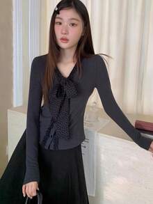 女款波點拼接蝴蝶結長袖修身T恤上衣，小眾設計，秋季 - 灰色 - 查看 6