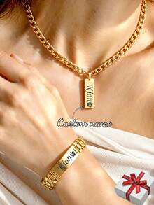 Custom Engraved Necklace & Bracelet Set, Men's Stainless Steel 10mm Tank Chain Bracelet, Personalized Women's Military Emblem Pendant, Custom Name Date Anniversary Memorial Jewelry, Holiday Gift For Family And Friends, Fun Secret Santa Gift - Silver - View 1