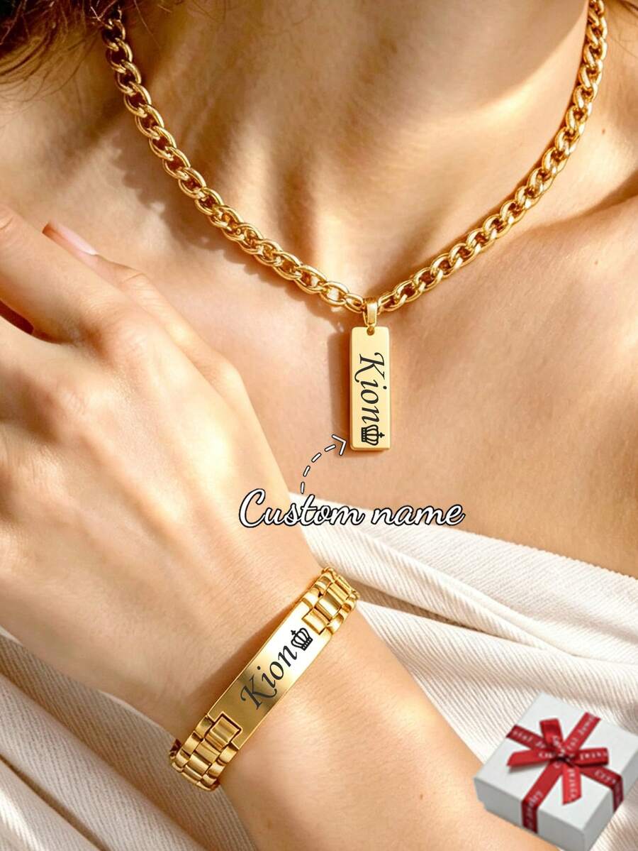 Custom Engraved Necklace & Bracelet Set, Men's Stainless Steel 10mm Tank Chain Bracelet, Personalized Women's Military Emblem Pendant, Custom Name Date Anniversary Memorial Jewelry, Holiday Gift For Family And Friends, Fun Secret Santa Gift - Silver - View 1