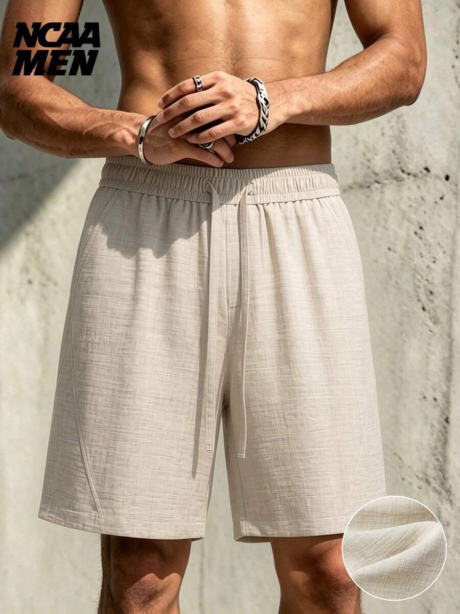 Men's Minimalist Solid Color Casual Shorts, Linen Style, Daily Commute, Versatile - Apricot - View 1